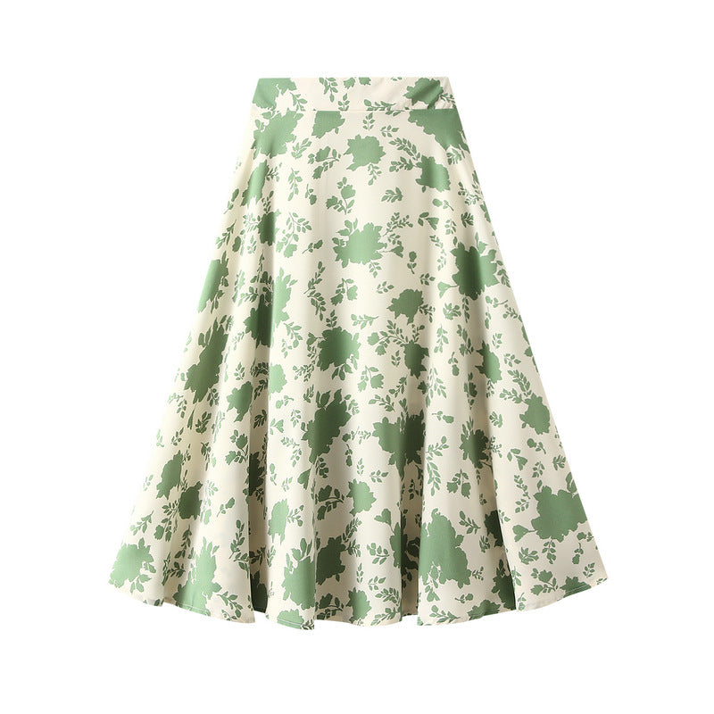 French Retro Floral A-Line skirt: Green Large Flowers