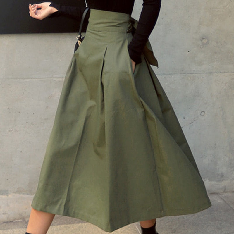 Wild High Waist Bow Big Swing Long Skirt