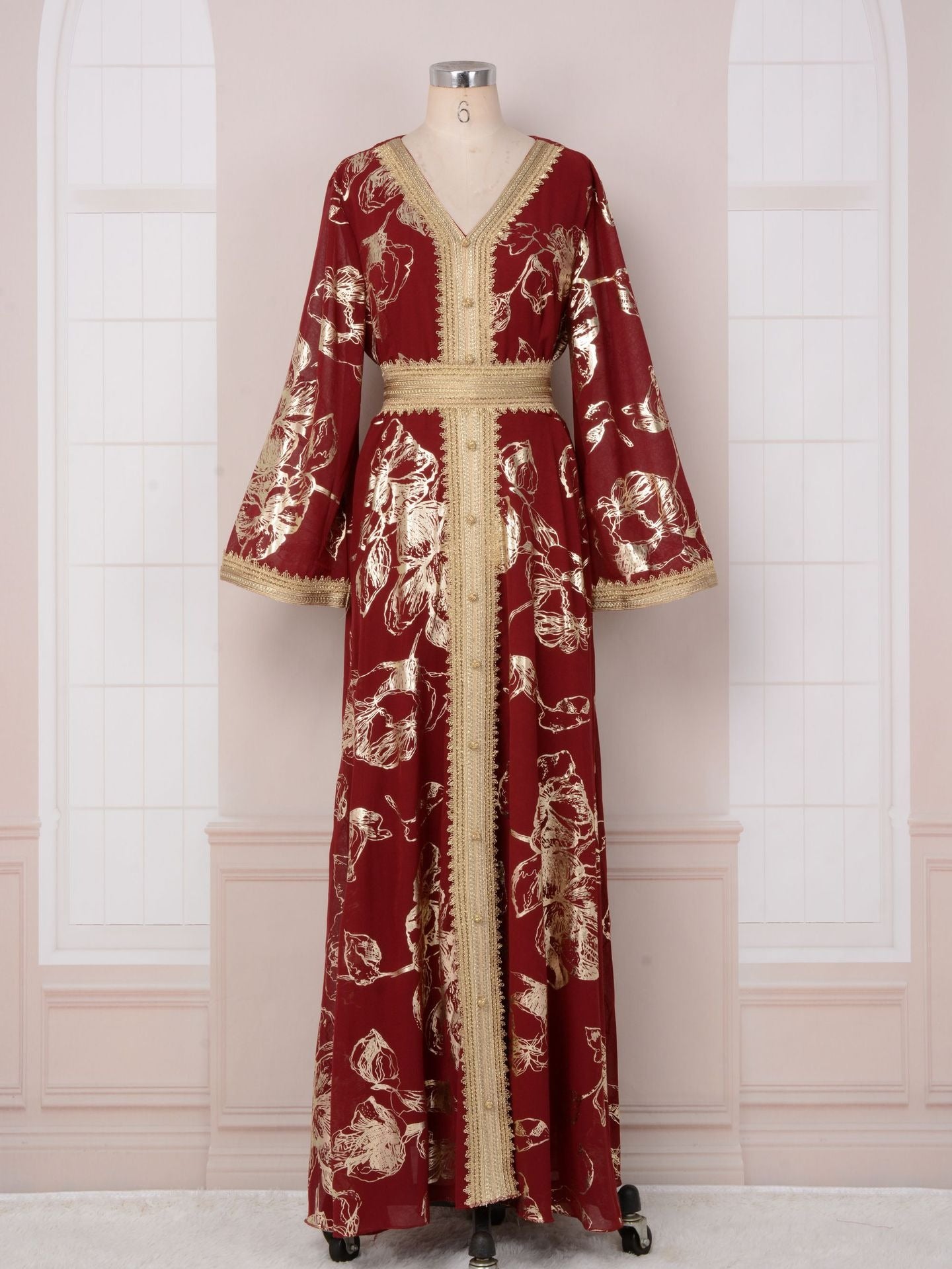 Flower Gold Stamping Moroccan Evening Robe