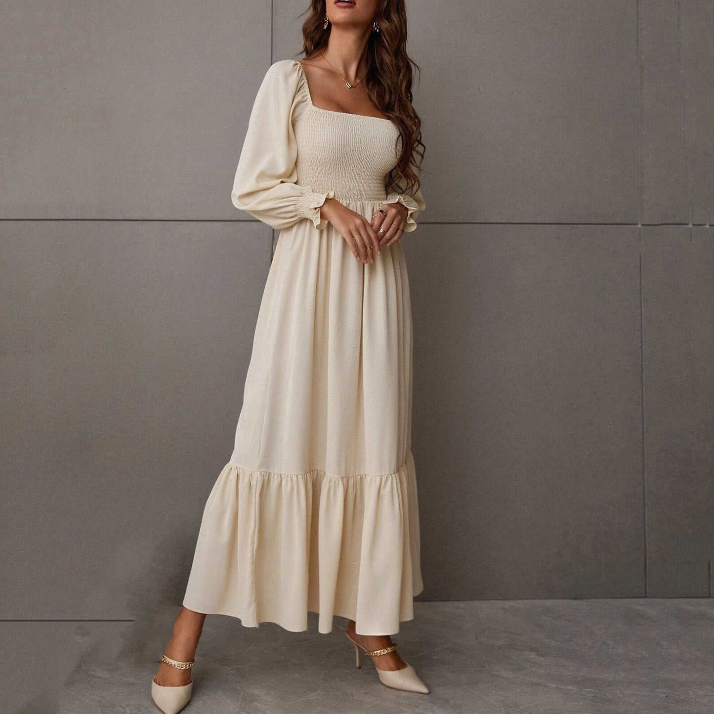 Pullover Square Neck Long Sleeve Ruffles Dress