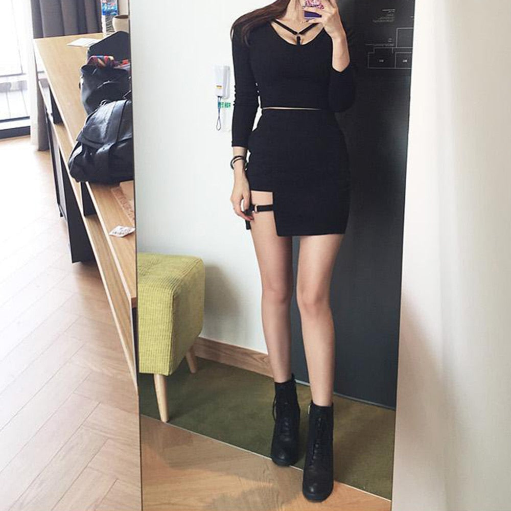 Irregular Black Hip Skirt