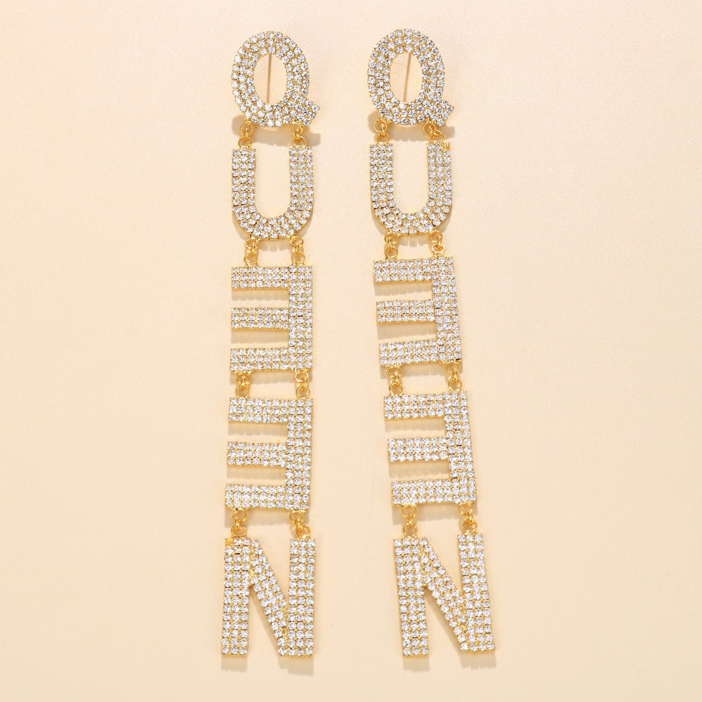 Exaggerate Your Personality with QUEEN Letter Long Earrings Adorned with Full Diamonds