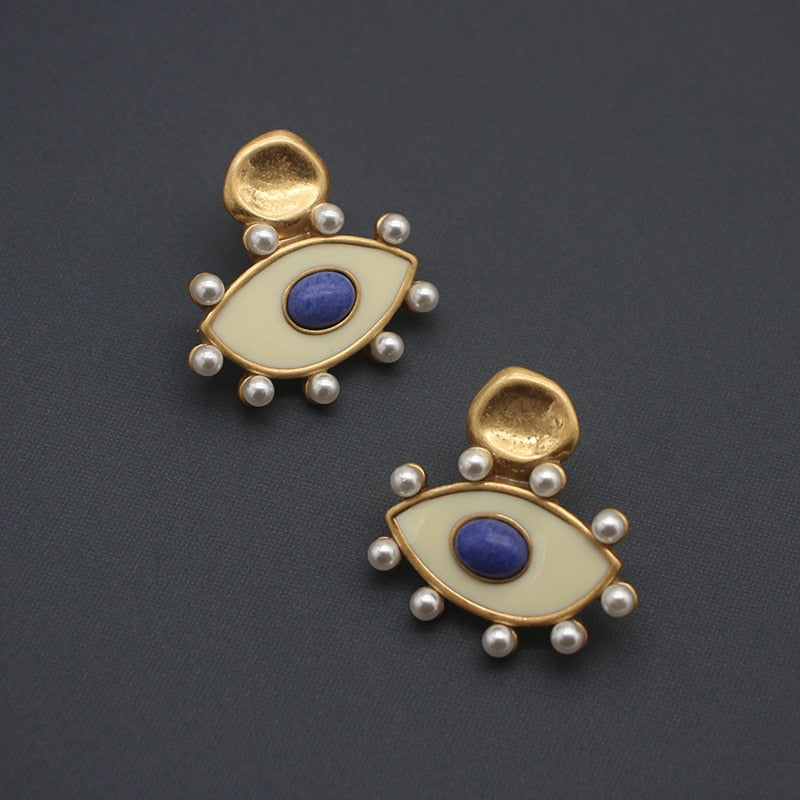 Eye Enamel Stone Vintage Pearl Stud Earrings