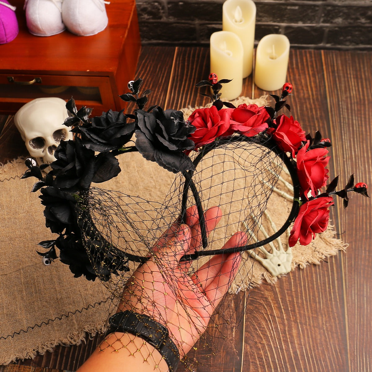 Halloween Dark Floral Rose Mesh Headband - Ghost Festival Party & Performance Accessory