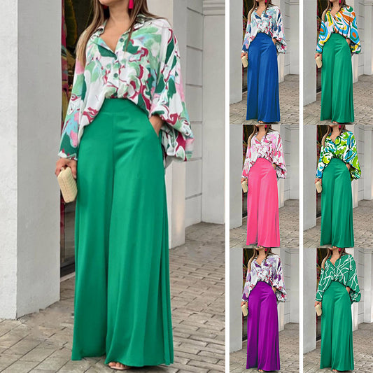 Elegant wide leg pants printed shirt casual set