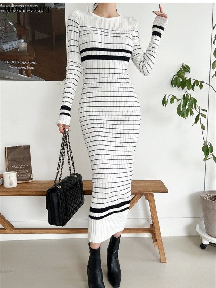 Elegance in Stripes: Korean Slim Knitted Sweater Dress for Chic and Casual Days