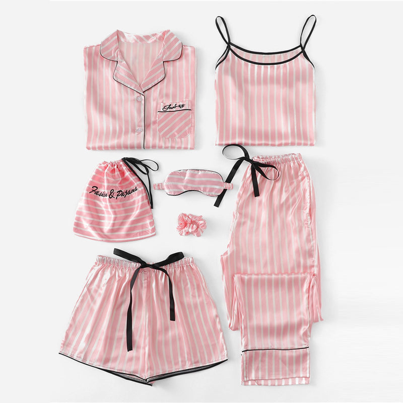 Pink 7-Piece Striped PJ Set: Women's Summer Casual Loungewear