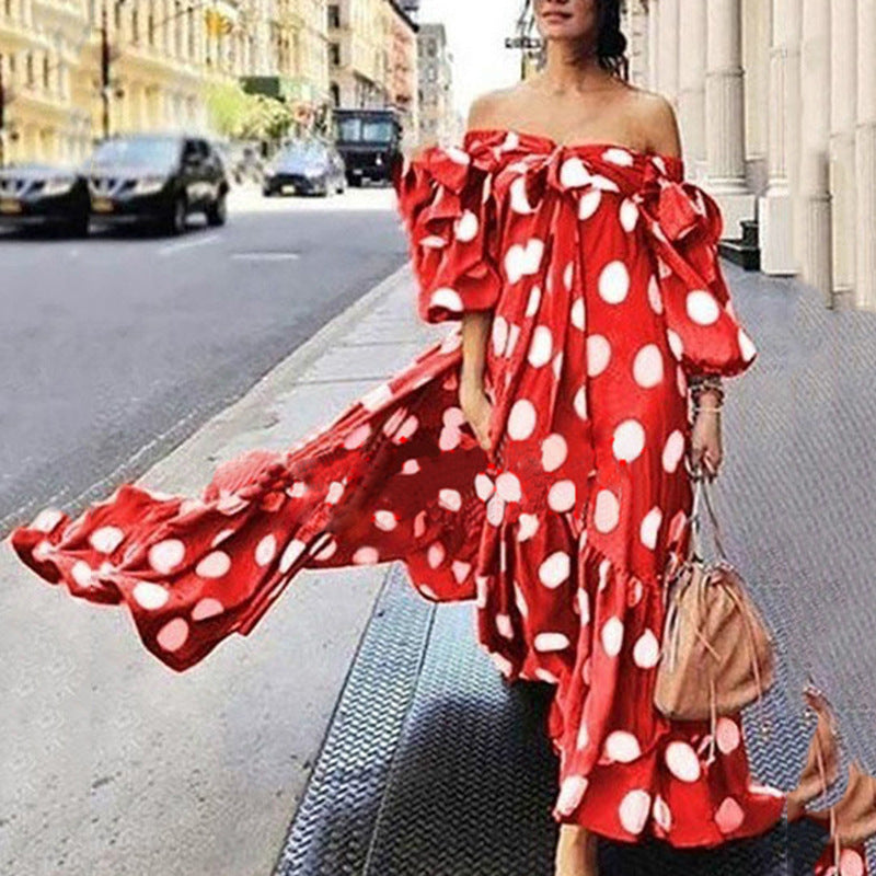 Boho Off Shoulder Polka Dot Casual Maxi Dress