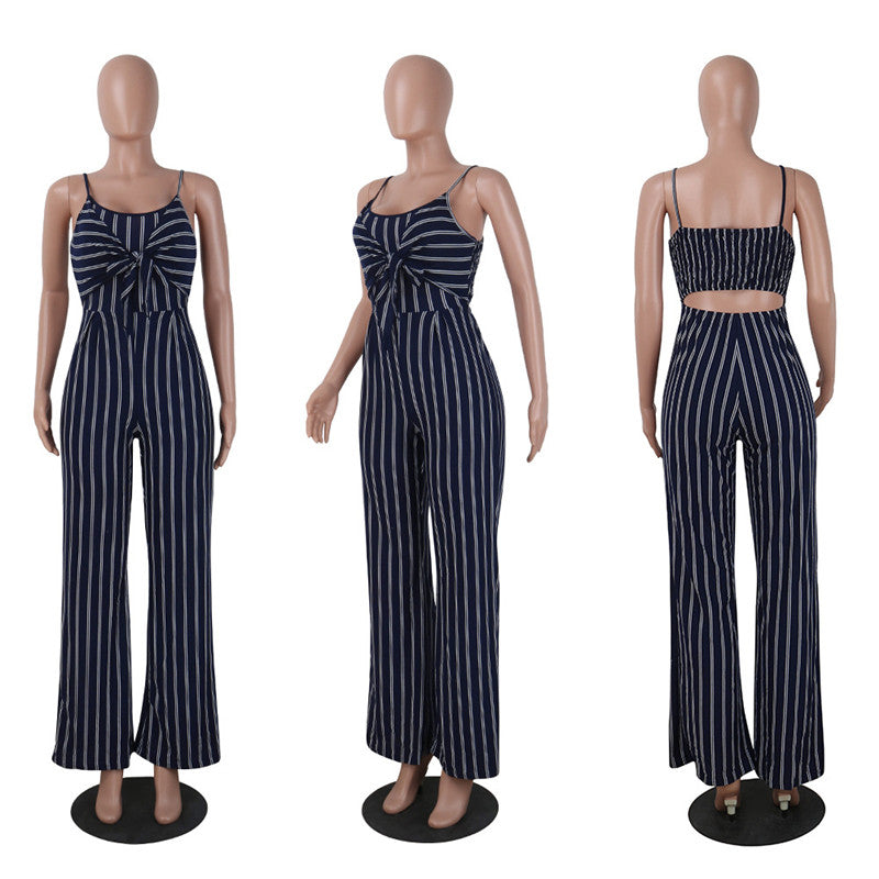 Blue Stripe Backless Jumpsuit: Casual Charm with Seduction