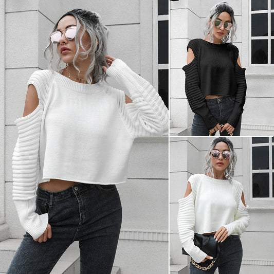 Chic Off-Shoulder Short Sweater: Contemporary Elegance with Edgy Design Sensibility