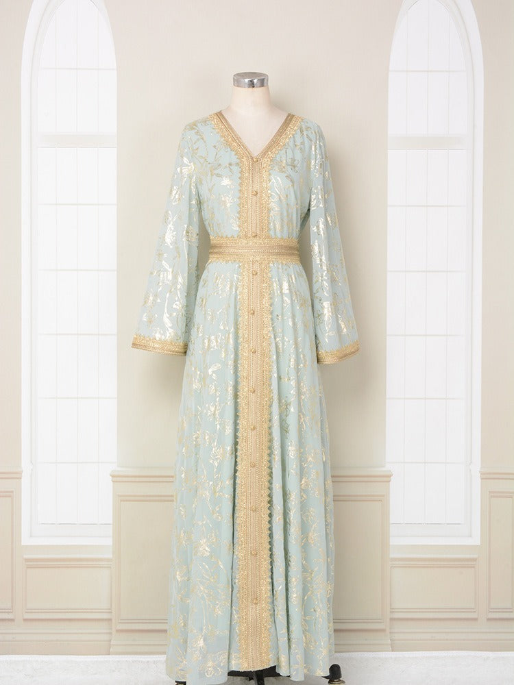 Flower Gold Stamping Moroccan Evening Robe