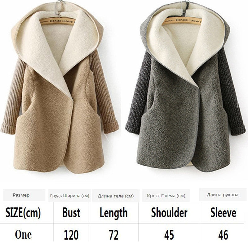 Loose Lamb Wool Cardigan Solid Color Hooded Long Fashion Coat Knitted Sleeve Stitching Warm Jacket