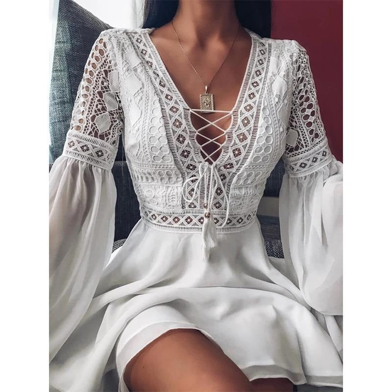 Stylish Long Sleeve Lace-Up V-Neck Dress