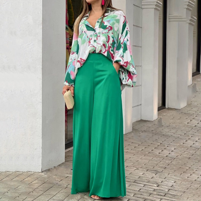 Elegant wide leg pants printed shirt casual set