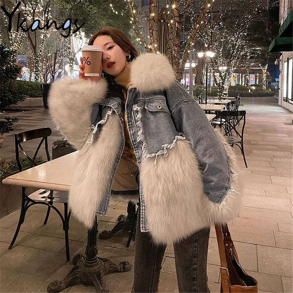 Winter New Denim Stitching Fur Coat Imitation Wool Loose Wool Plus Cotton Thick Cotton Coat