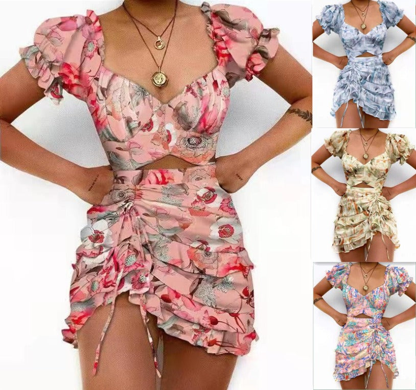 Sultry Flair: Drawstring Ruffle Short Sleeved Dress