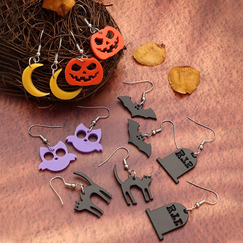 Halloween Geometric Acrylic Earrings Set - 6 Pairs Bat, Cat, Owl, Moon & Pumpkin Ear Hooks