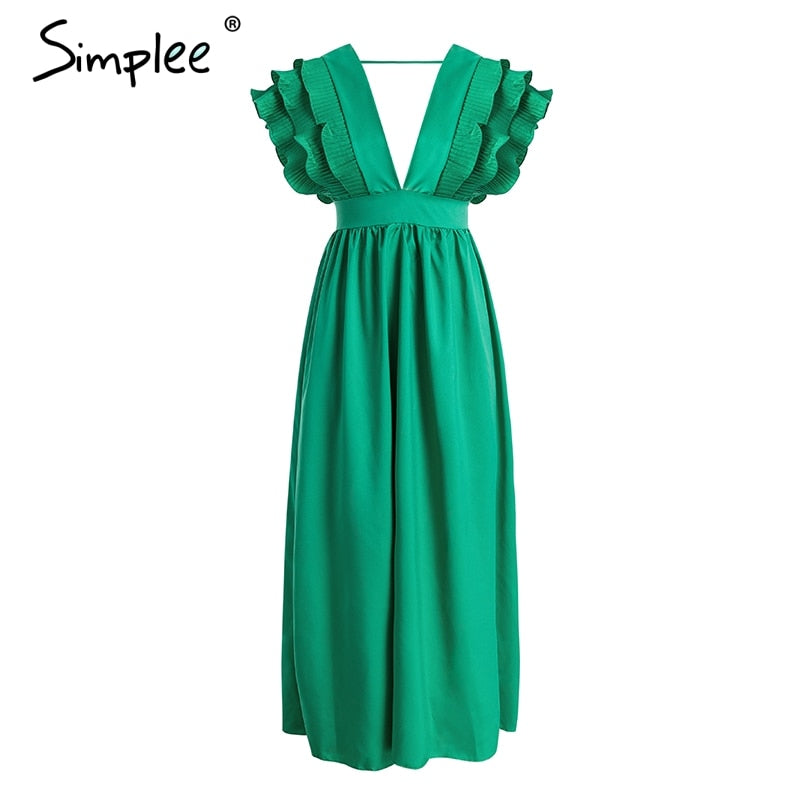 Elegant v neck long Ruffles high waist evening party dress