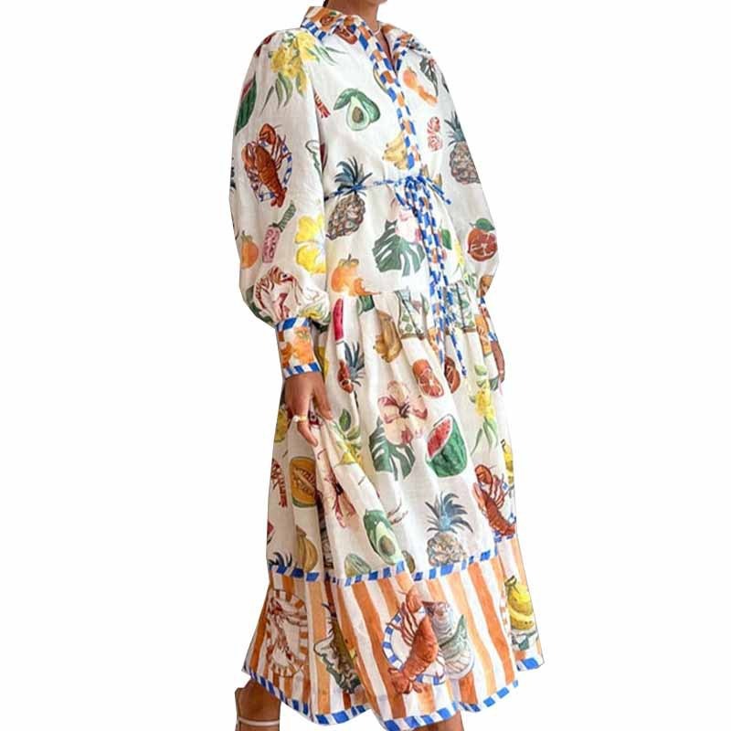 New Printed Lantern Sleeve Waist Dress