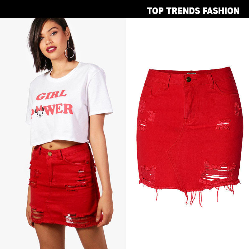 High Waist Denim Skirt: Big Red Irregular Holes