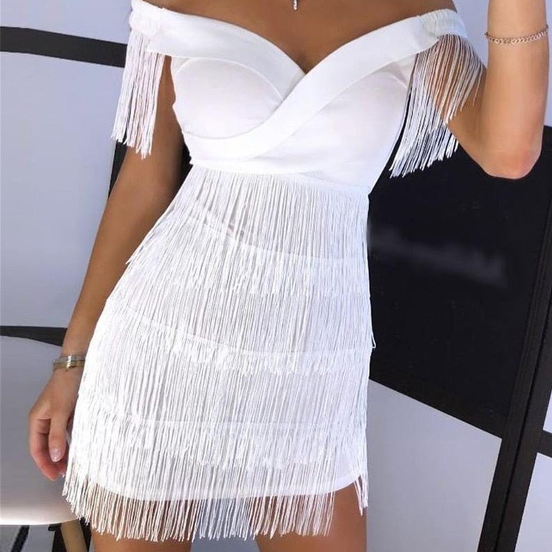 Summer Sizzle: White Off-Shoulder Tassel Mini