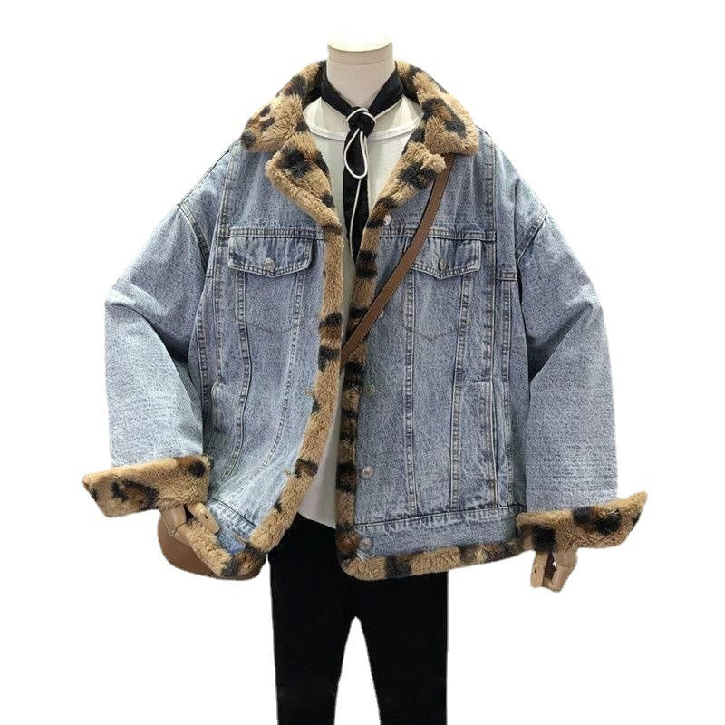 Lambswool Jacket Two Sides Wear Lambswool Denim Jacket Female Plus Down Thickened Furry Casual Cotton Clothing Loose