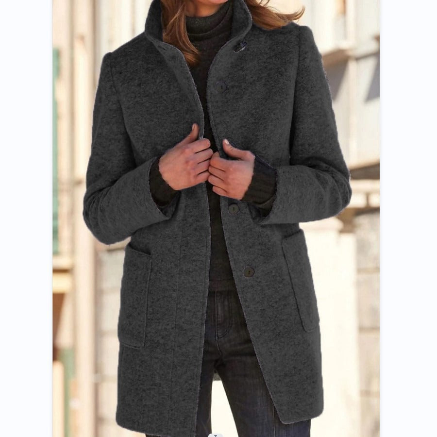 Autumn and Winter Perfect Retro Solid Button Standing Neck Woolen Coat