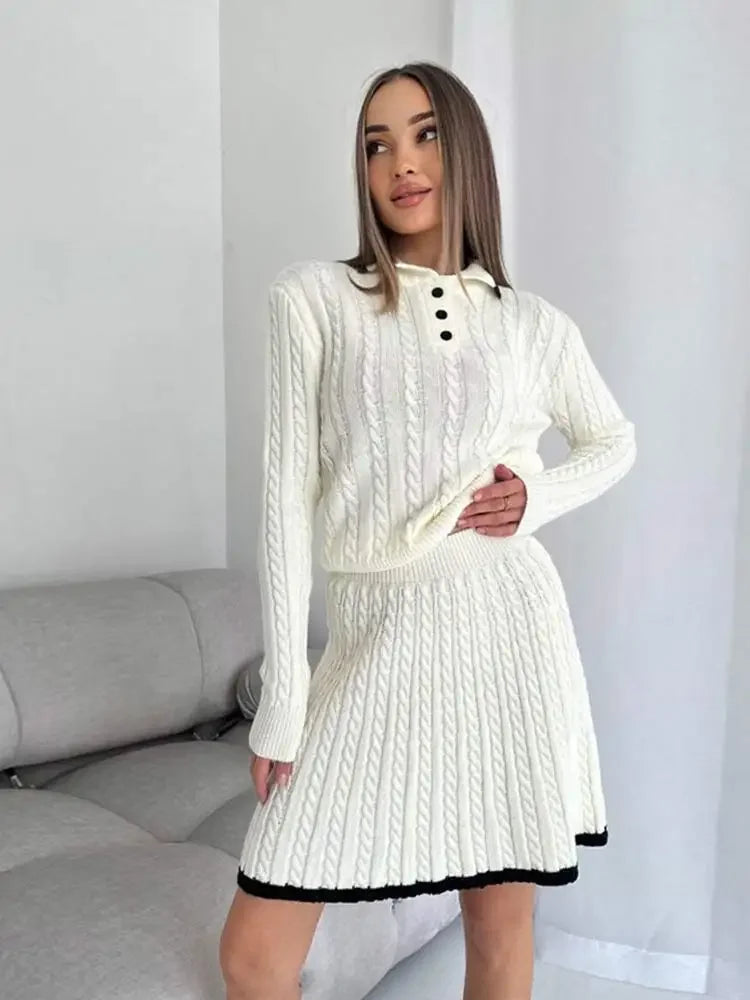 The Bella Knitted Two-Piece Set – Long Sleeve Button Top & Pleated Mini Skirt