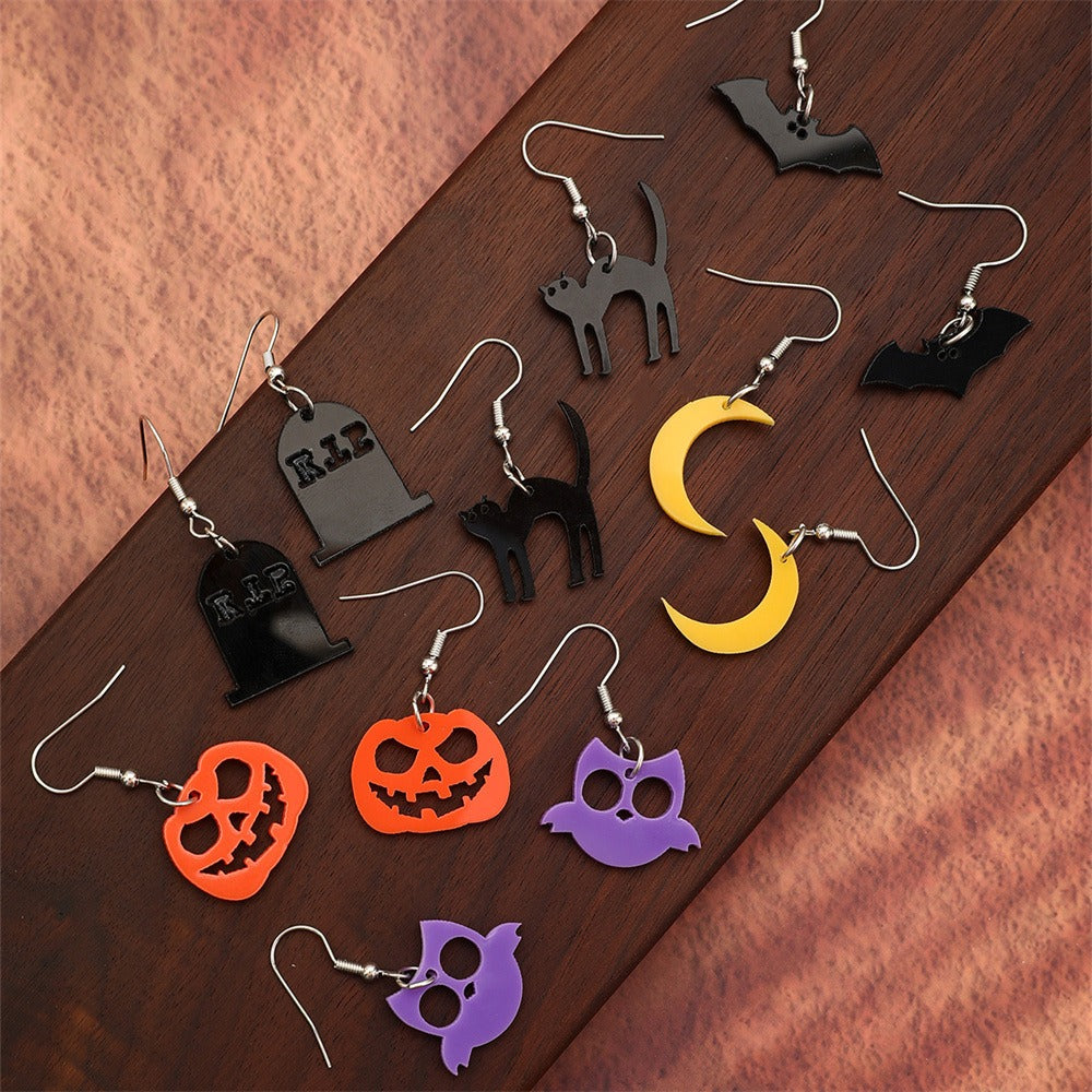 Halloween Geometric Acrylic Earrings Set - 6 Pairs Bat, Cat, Owl, Moon & Pumpkin Ear Hooks