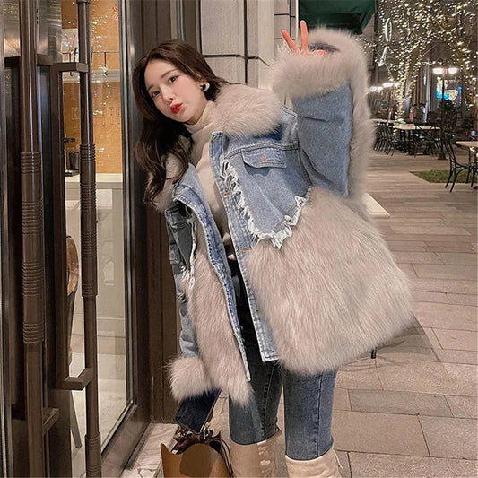 Winter New Denim Stitching Fur Coat Imitation Wool Loose Wool Plus Cotton Thick Cotton Coat