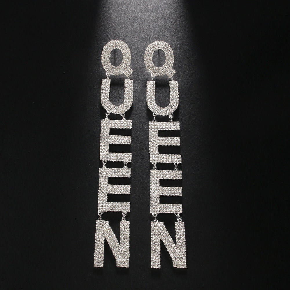 Exaggerate Your Personality with QUEEN Letter Long Earrings Adorned with Full Diamonds