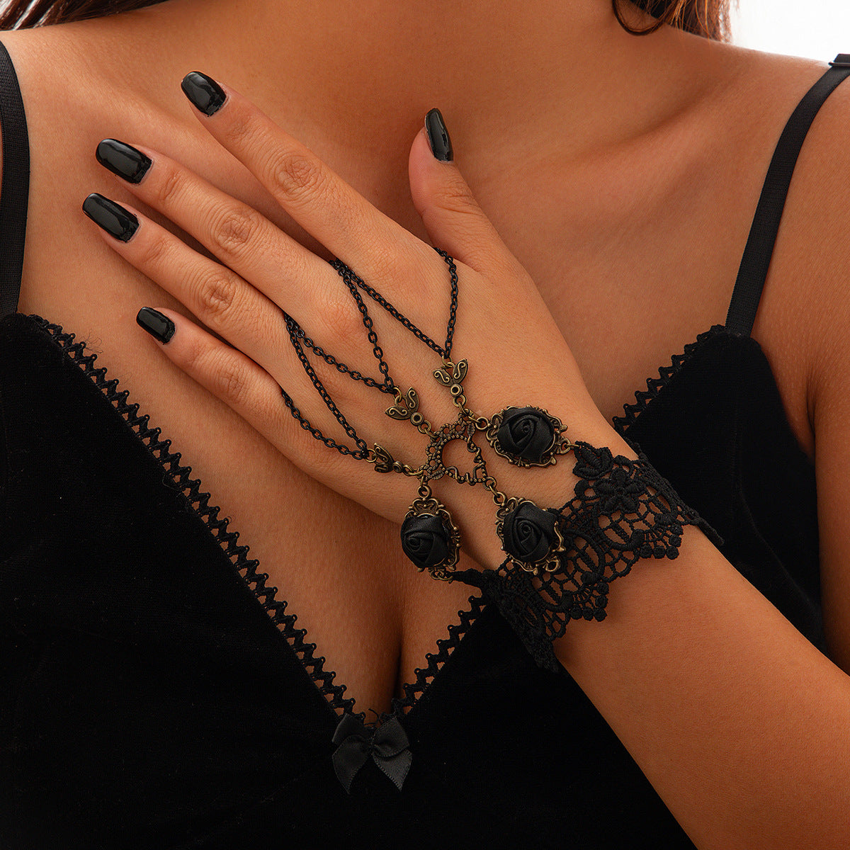 Punk Gothic Rose Lace Tassel Bracelet with Mesh & Finger Ring