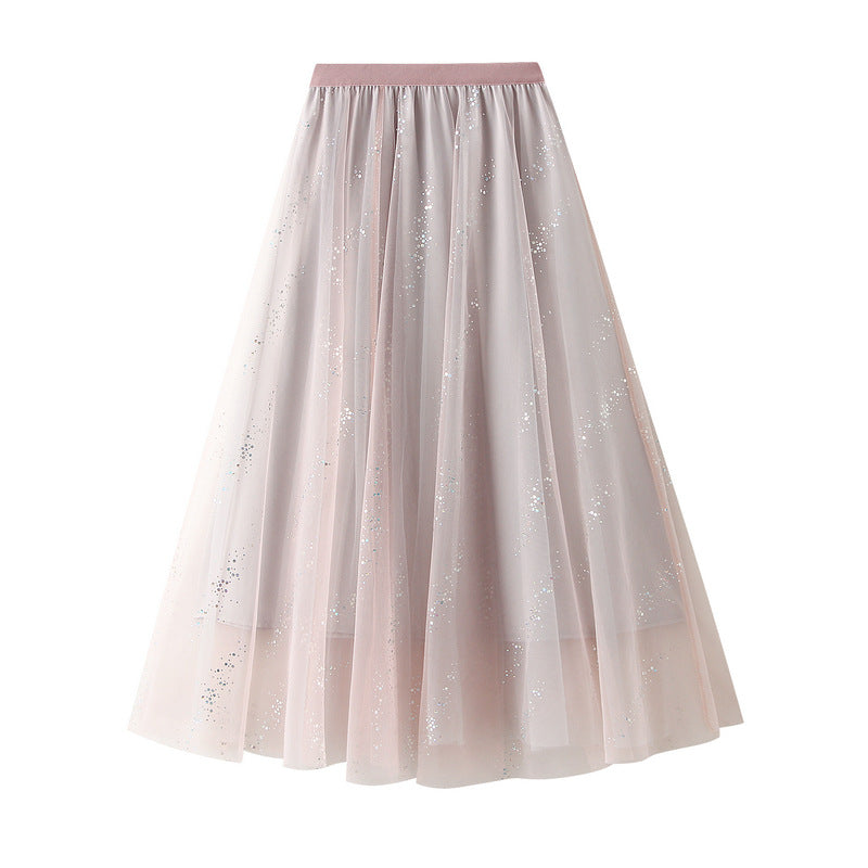 Mesh Large Swing A-line Skirt Flash Yarn Fairy Skirt High Waist Slim Long Skirt