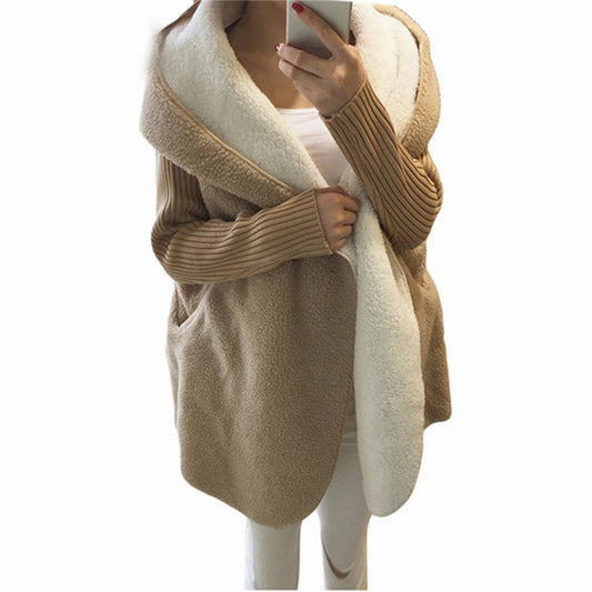 Loose Lamb Wool Cardigan Solid Color Hooded Long Fashion Coat Knitted Sleeve Stitching Warm Jacket