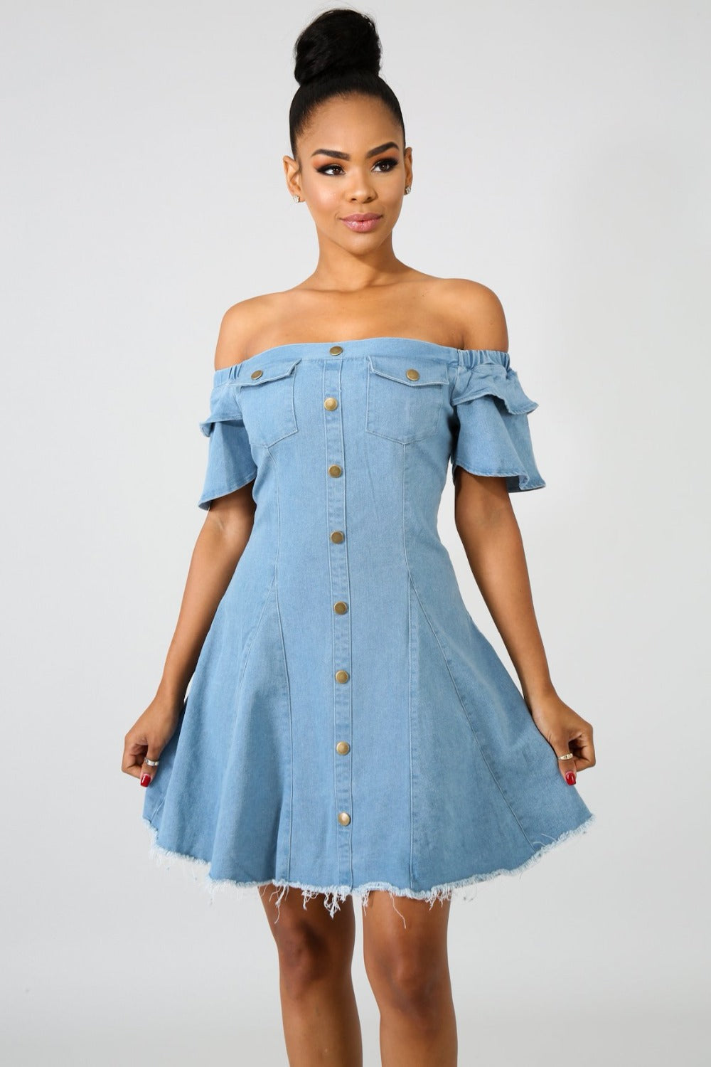 Button Slash Neck Mini Dress