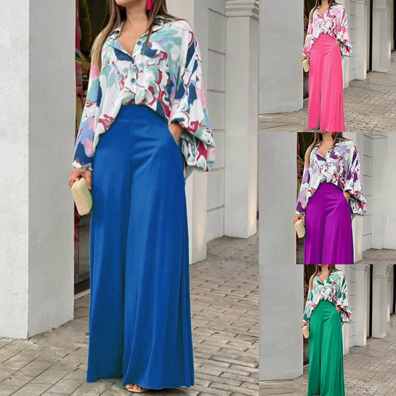 Elegant wide leg pants printed shirt casual set