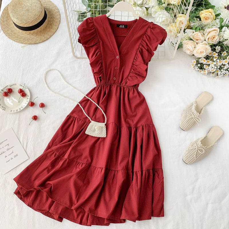 French V-Neck Ruffle Sleeveless Dress