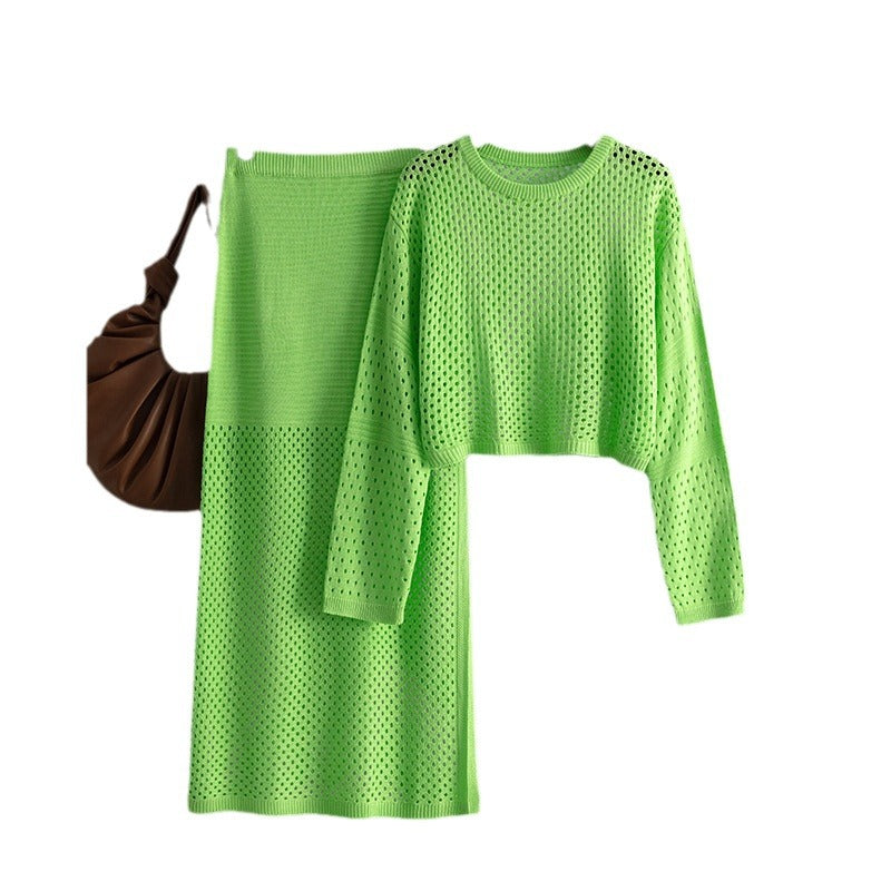 Trendy colors women's hollow knitted sweater long skirt fashion two-piece dress set