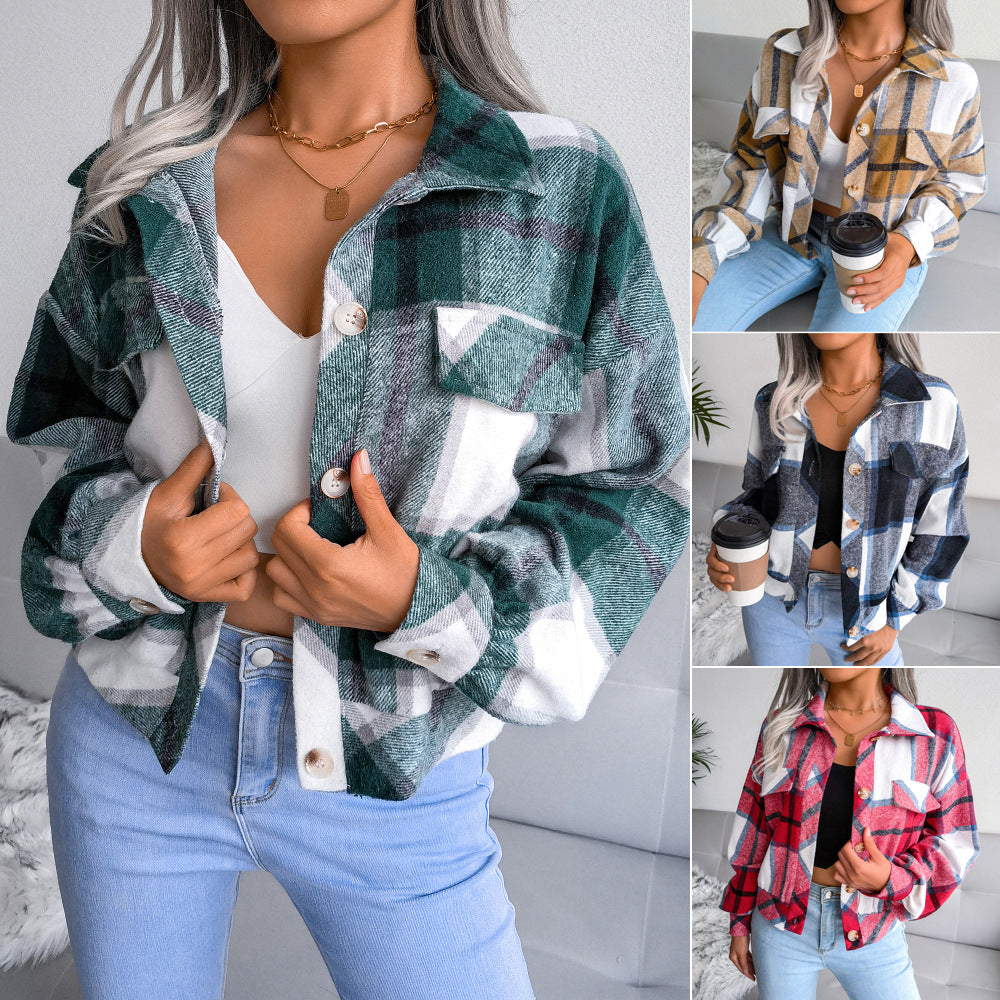 Checker Lantern Long Sleeve Woolen Coat Jacket