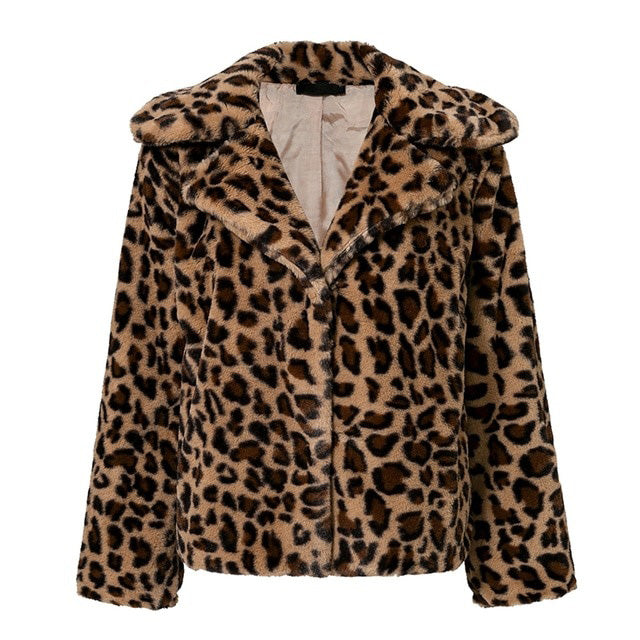 Streetwear leopard print faux fur coat Women soft short winter jacket coat Female casual button pocket outwear