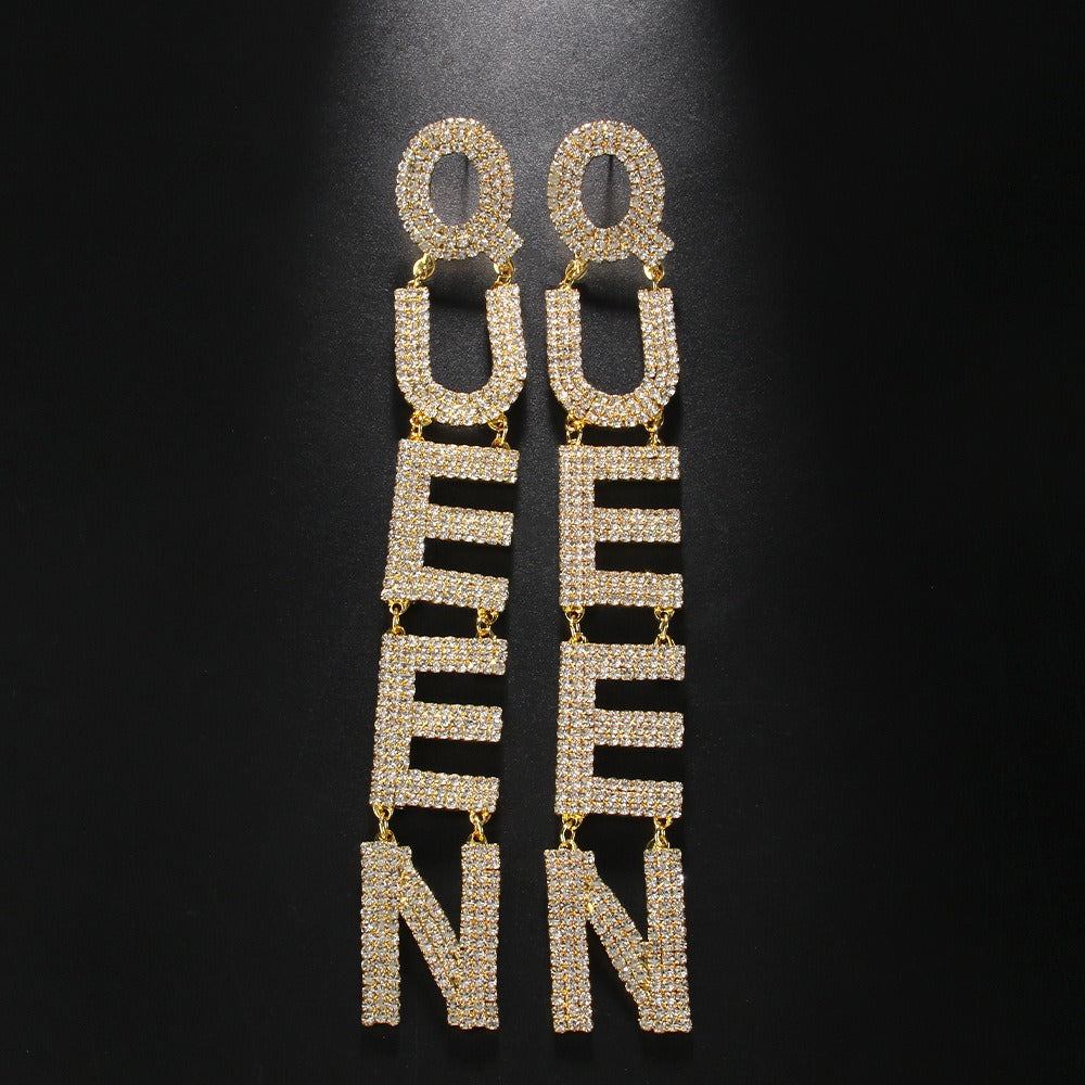 Exaggerate Your Personality with QUEEN Letter Long Earrings Adorned with Full Diamonds