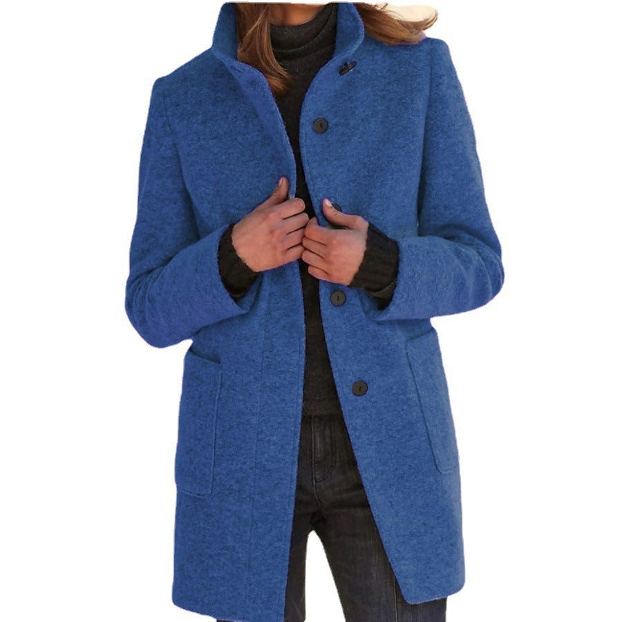 Autumn and Winter Perfect Retro Solid Button Standing Neck Woolen Coat