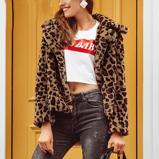 Streetwear leopard print faux fur coat Women soft short winter jacket coat Female casual button pocket outwear