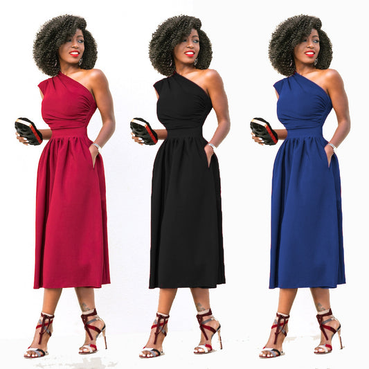 Women Elegant Evening Party Dresses Sleeveless One Shoulder Sexy Women Dress Pockets Summer Dress Red Black Midi Vestidos