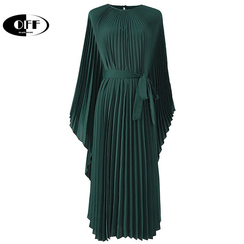 Designer Elegance: Oversized Solid O-Neck Pleated Dress for Chic Evenings and Beach Escapes