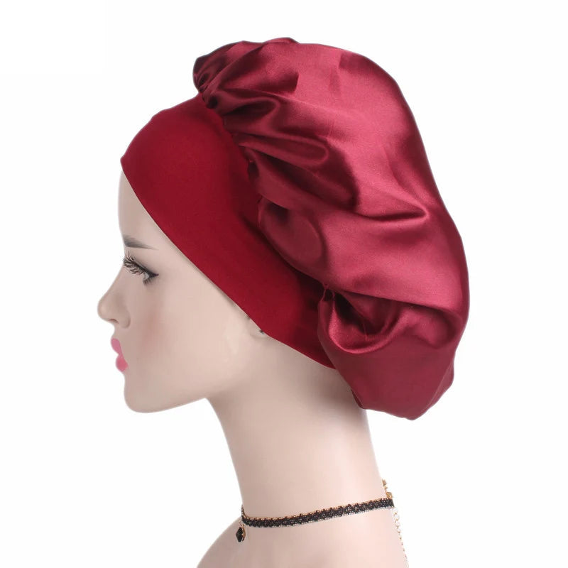 Adjustable Solid Satin Bonnet: Hair Styling Cap for Women, Long Hair Care, Night Sleep Hat - Hair Styling Tools