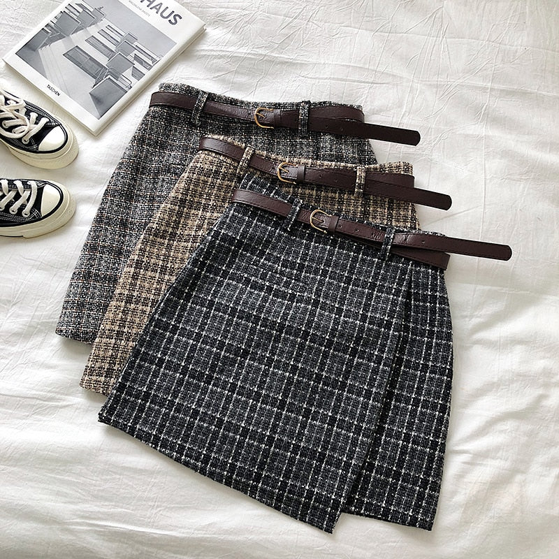 Irregular Lady Skirt Female Autumn Sweet High Waist A-line Mini Skirt Vintage Casual Women Plaid Skirt Chic Sashes