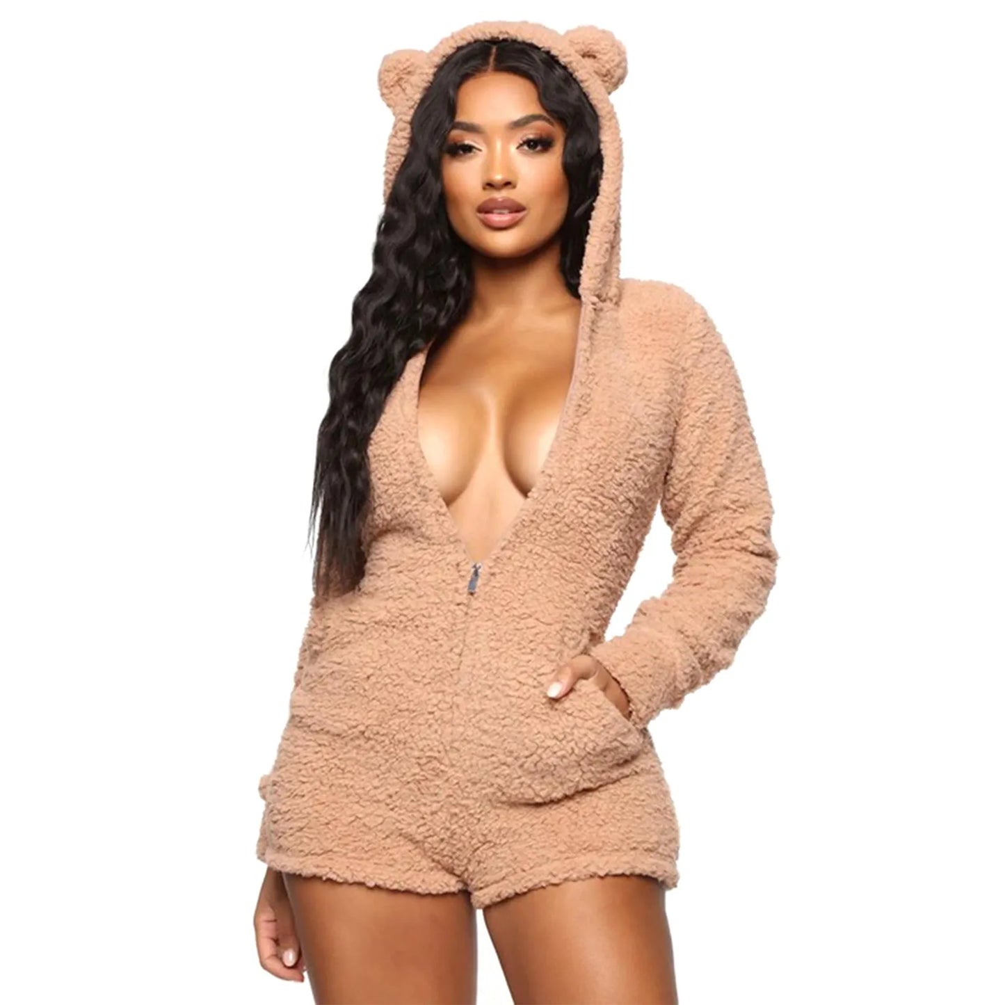 Women's Cute Teddy Bear Warm Winter Flannel Sleepwear Zipper Hooded Long Sleeve Jumpsuit One Piece Plush Warm Romper Pajamas