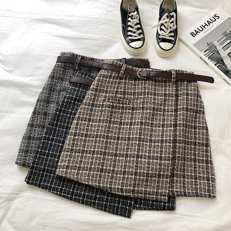 Irregular Lady Skirt Female Autumn Sweet High Waist A-line Mini Skirt Vintage Casual Women Plaid Skirt Chic Sashes