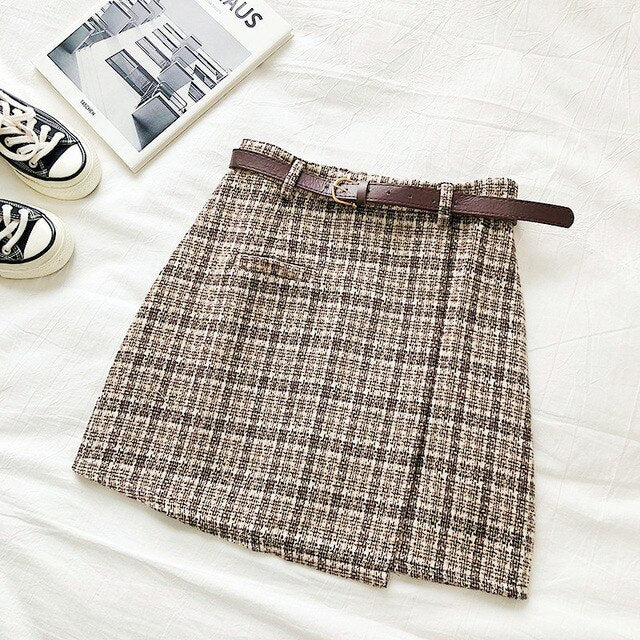 Irregular Lady Skirt Female Autumn Sweet High Waist A-line Mini Skirt Vintage Casual Women Plaid Skirt Chic Sashes